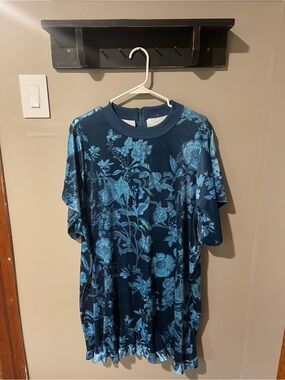 Floral Print Short Sleeve Dress in Navy & Teal